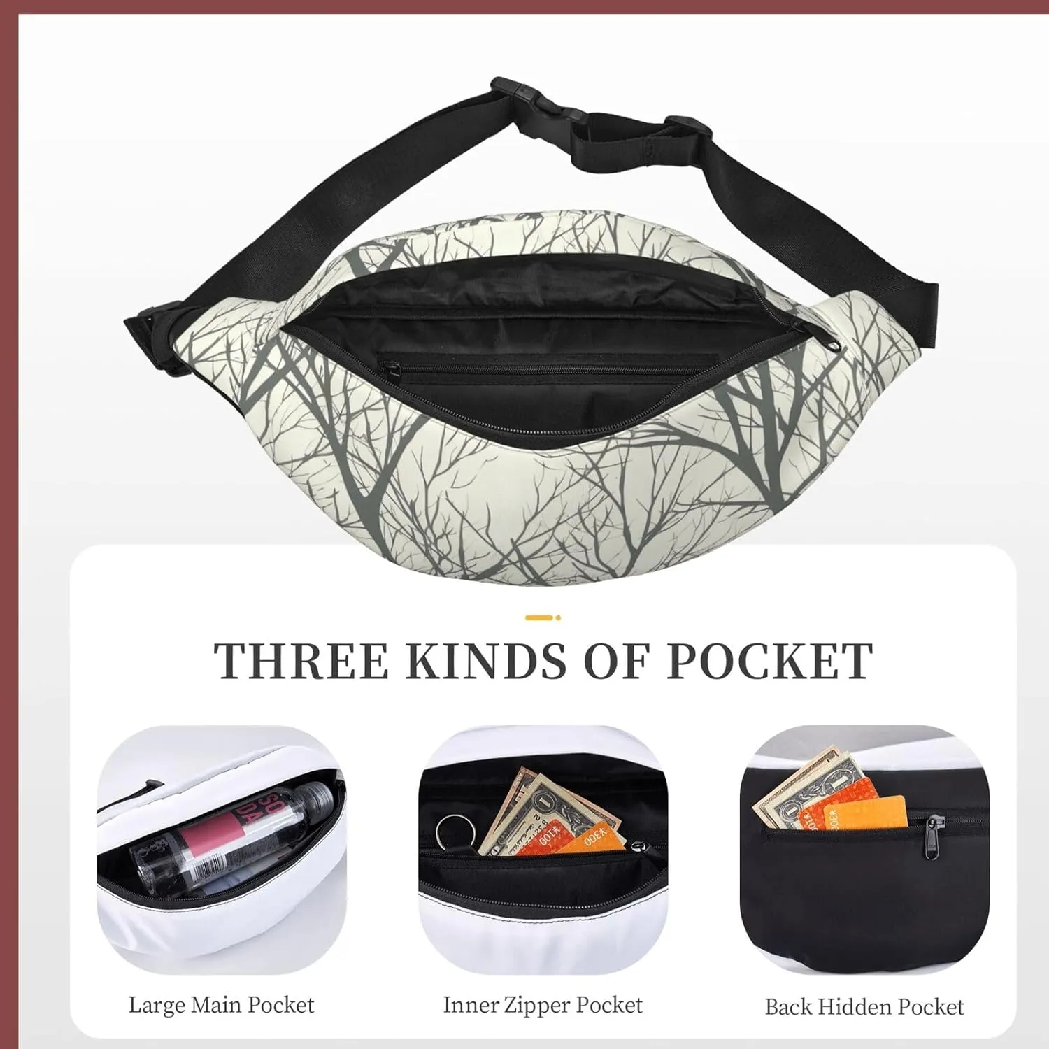 Fanny Packs For Women Men Waist Bag Waterproof Sport Belt Bag Tree Branch Fashion Waist Pack Adjustable Crossbody Bags Zipper Bum Bag For Running Hiking Travel