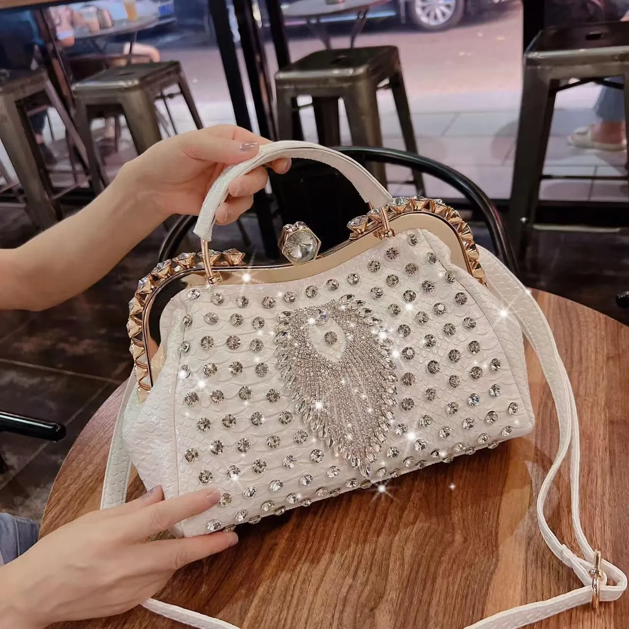 Fashion Diamonds Tassels Bag For Women Leather Top Handle Satchel Handbags Clip Rhinestone Purses Tote Shoulder evening Bags