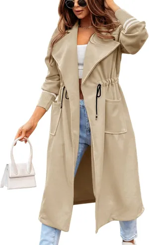 Fazortev Women Coat Pocket Casual Drawstring Waist Open Front Classic Lapel Overcoat
