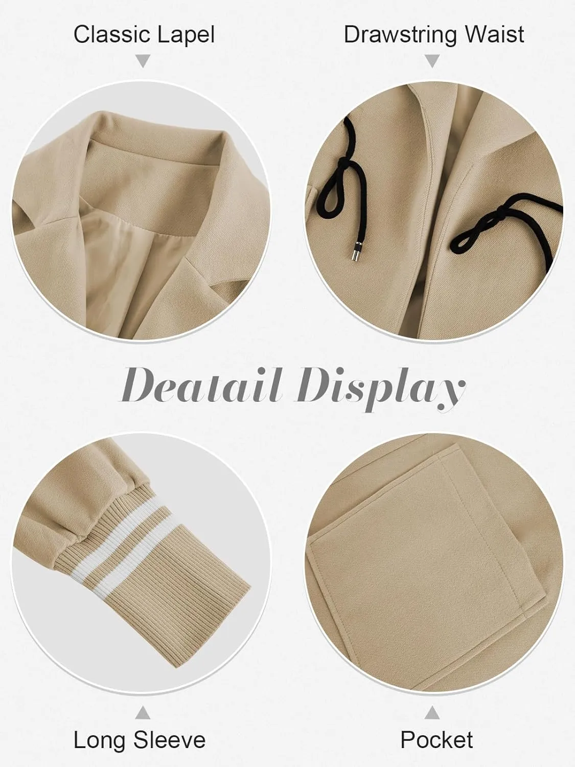 Fazortev Women Coat Pocket Casual Drawstring Waist Open Front Classic Lapel Overcoat