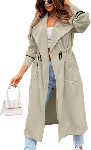 Fazortev Women Coat Pocket Casual Drawstring Waist Open Front Classic Lapel Overcoat