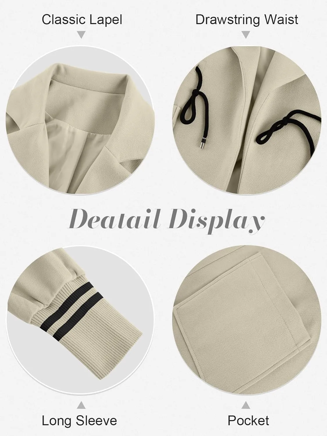 Fazortev Women Coat Pocket Casual Drawstring Waist Open Front Classic Lapel Overcoat
