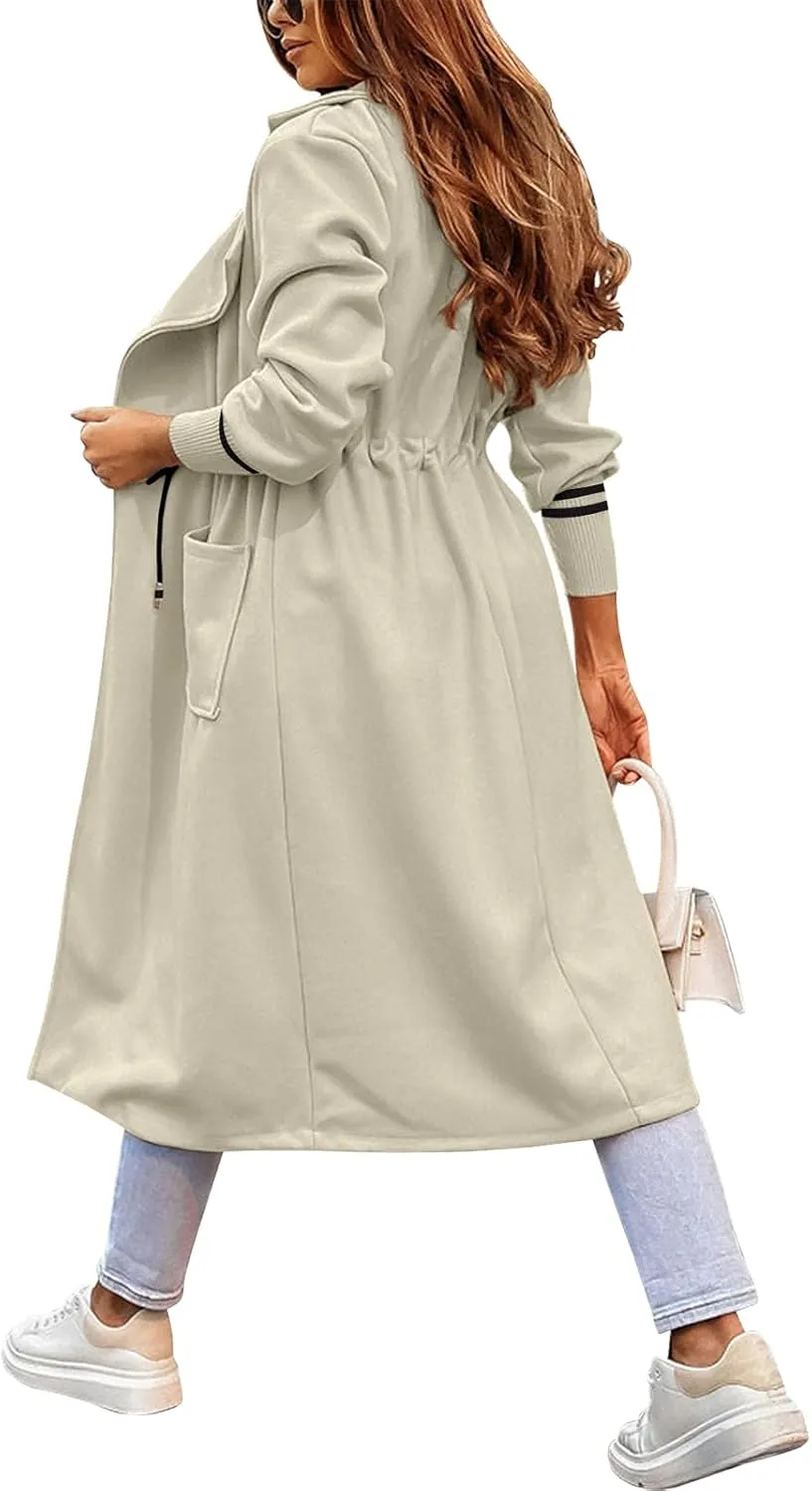Fazortev Women Coat Pocket Casual Drawstring Waist Open Front Classic Lapel Overcoat