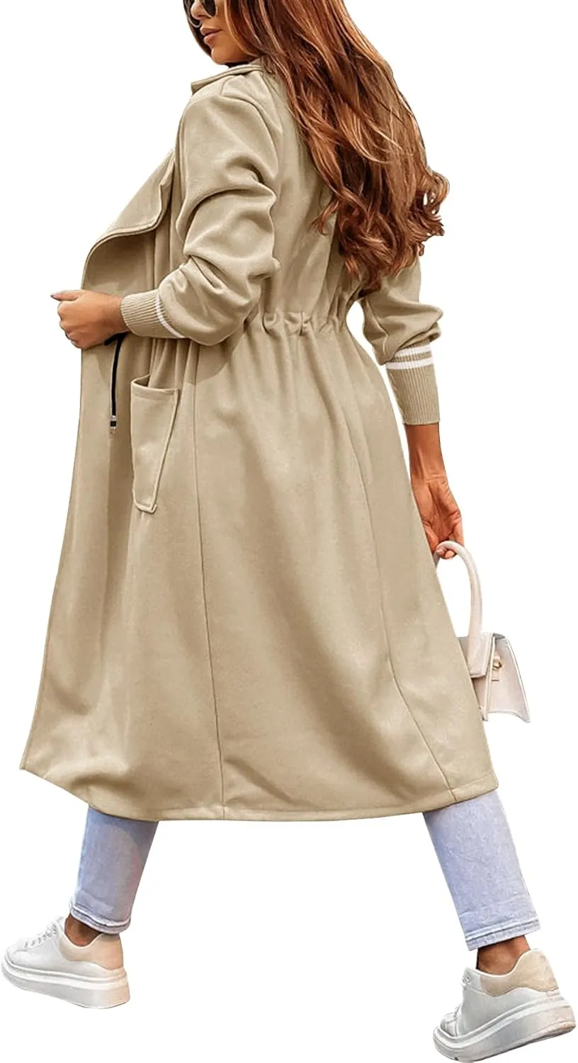 Fazortev Women Coat Pocket Casual Drawstring Waist Open Front Classic Lapel Overcoat