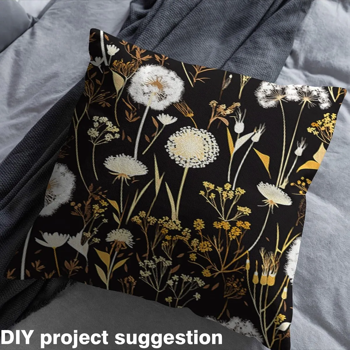 Feelyou Dandelion Fabric by The Yard 5 Yards Floral Botanical Decorative Waterproof Outdoor Fabric for Boys Girls Garden Flower Upholstery Fabric for Chairs Natural Theme Black DIY Reupholstery Fabric