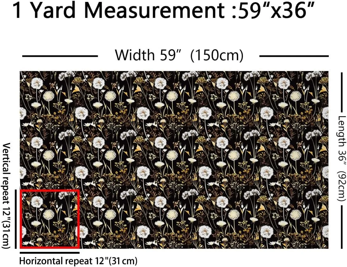 Feelyou Dandelion Fabric by The Yard 5 Yards Floral Botanical Decorative Waterproof Outdoor Fabric for Boys Girls Garden Flower Upholstery Fabric for Chairs Natural Theme Black DIY Reupholstery Fabric