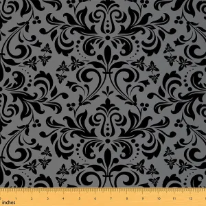 Feelyou Vintage Jacquard Upholstery Fabric by The Yard,Botanical Floral Print Reupholstery Fabric for Chairs, Retro Flowers Pattern Black Grey Decorative Waterproof Outdoor Fabric, 2 Yards