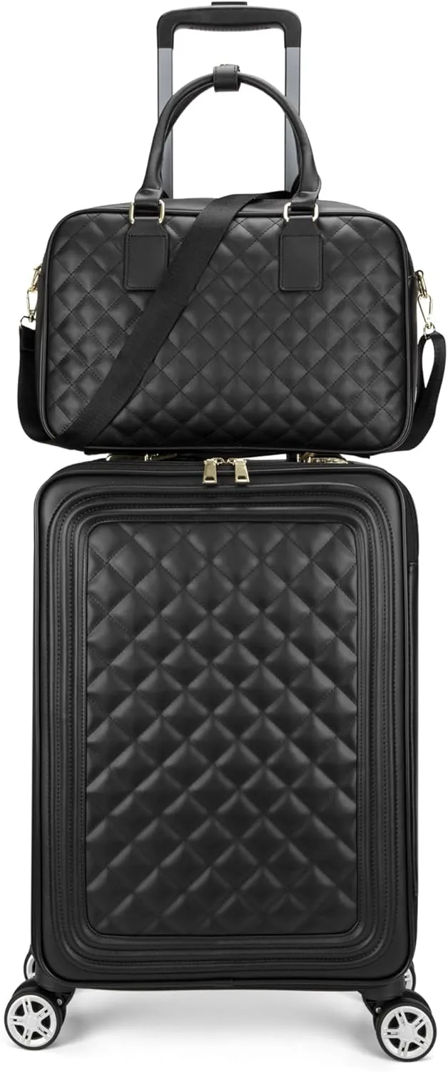 feilario 2 Piece Set Travel Leather Softside Carry On Luggage Double Spinner Wheels Checked Suitcase - 24in