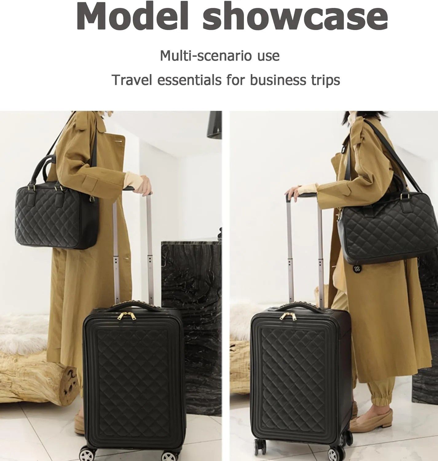 feilario 2 Piece Set Travel Leather Softside Carry On Luggage Double Spinner Wheels Checked Suitcase - 24in