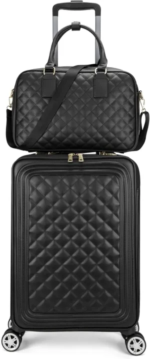 feilario 2 Piece Set Travel Leather Softside Carry On Luggage Double Spinner Wheels Checked Suitcase - 24in