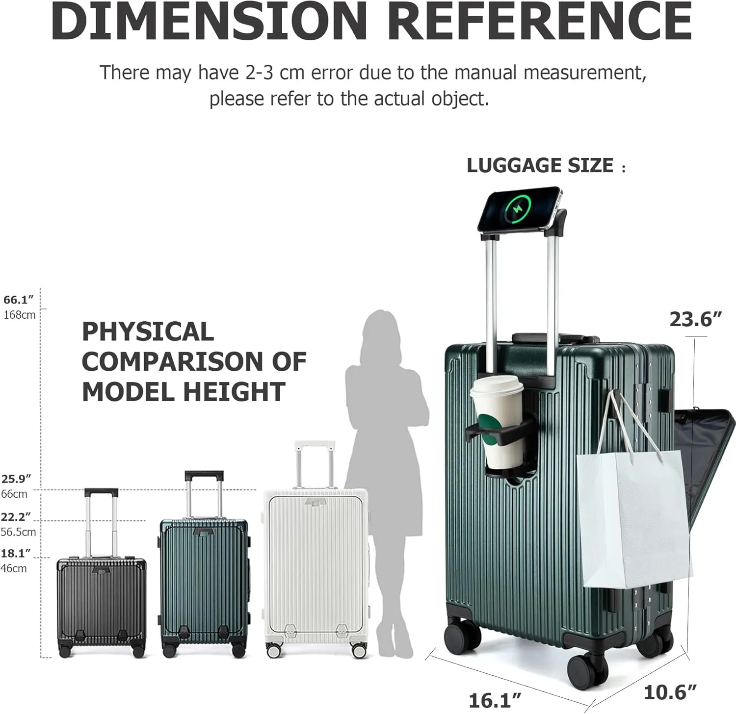 feilario 24in Aluminium Frame Hardside Spinner Wheel Luggage, Built-In TSA lock Carry on Suitcase, with Cup Holder & USB Port & Phone Holder