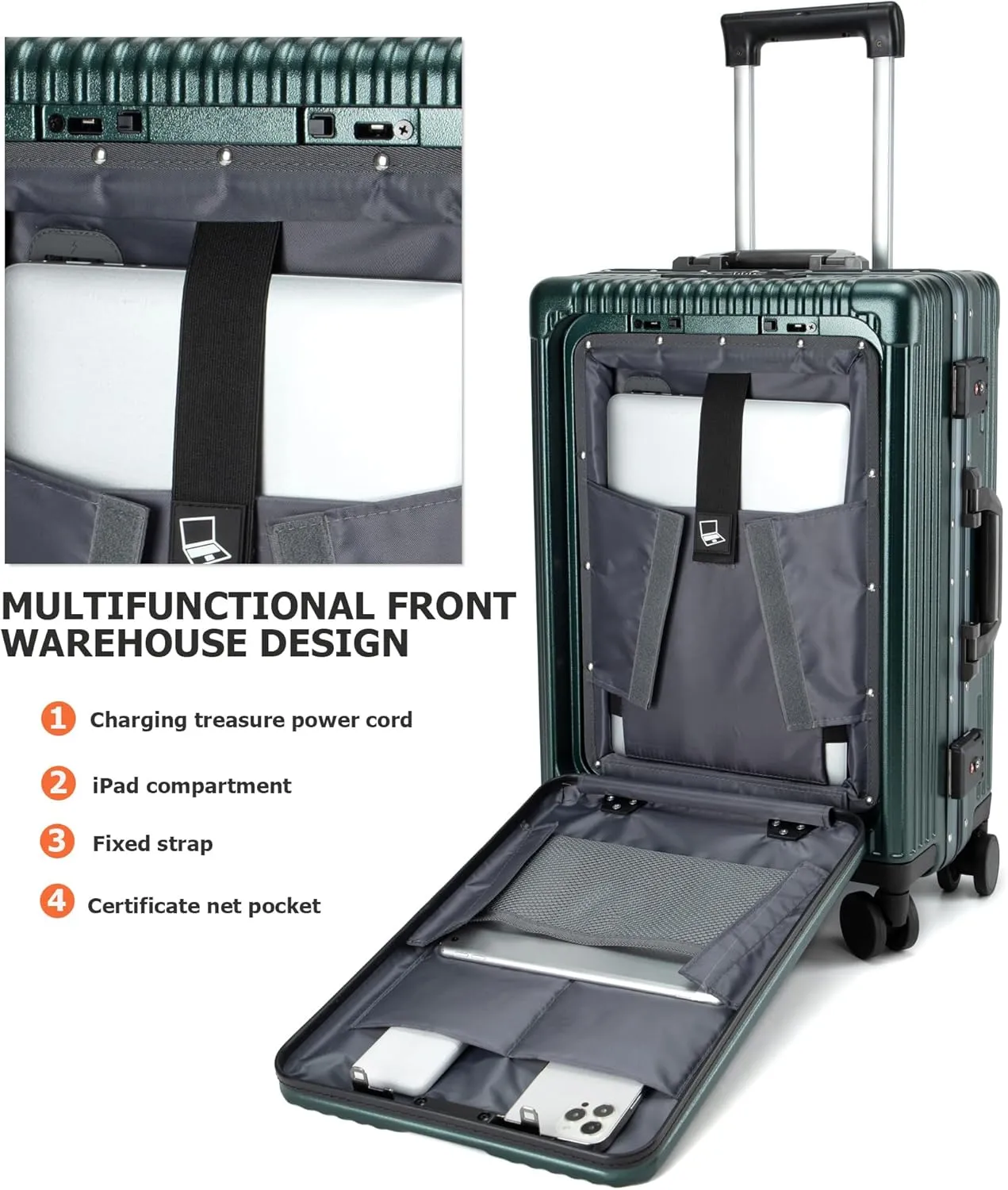 feilario 24in Aluminium Frame Hardside Spinner Wheel Luggage, Built-In TSA lock Carry on Suitcase, with Cup Holder & USB Port & Phone Holder