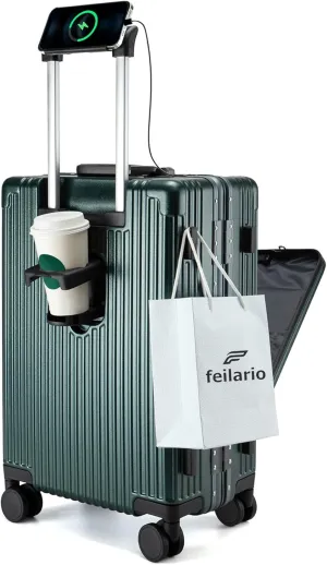 feilario 24in Aluminium Frame Hardside Spinner Wheel Luggage, Built-In TSA lock Carry on Suitcase, with Cup Holder & USB Port & Phone Holder