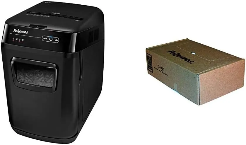 Fellowes 150-Sheet Cross-Cut Auto Feed Shredder, Black, AutoMax 150C; 9-Gallon Waste Bags, 100 Bags, 36053