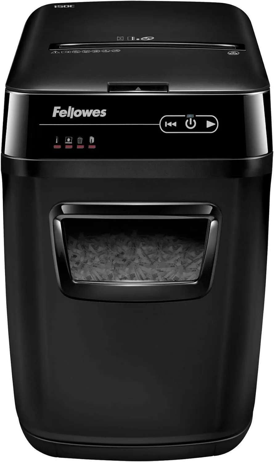 Fellowes 150-Sheet Cross-Cut Auto Feed Shredder, Black, AutoMax 150C; 9-Gallon Waste Bags, 100 Bags, 36053