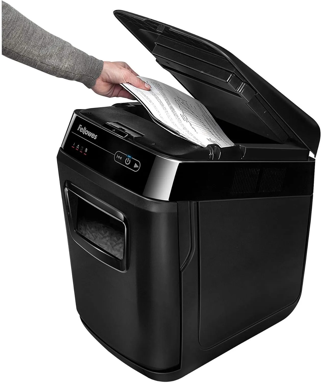 Fellowes 150-Sheet Cross-Cut Auto Feed Shredder, Black, AutoMax 150C; 9-Gallon Waste Bags, 100 Bags, 36053
