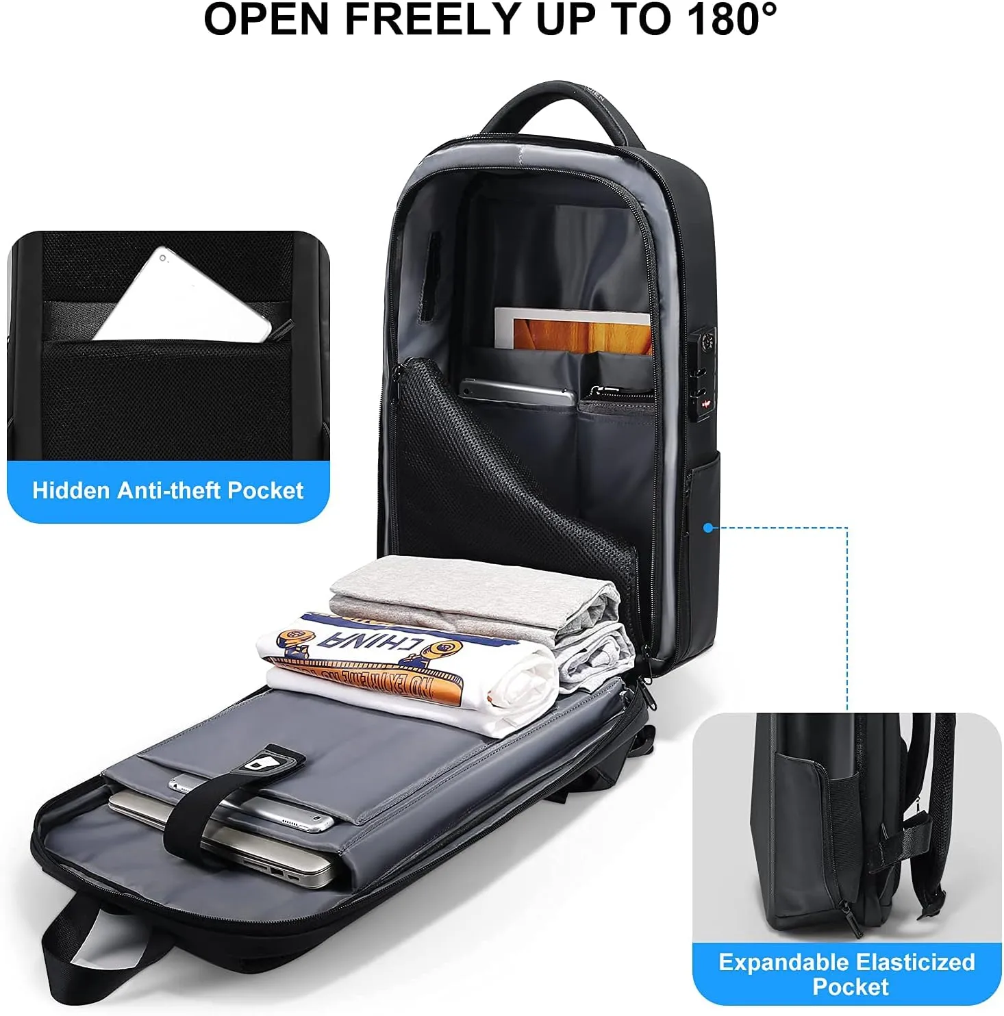 FENRUIEN Anti-Theft Hard Shell Backpack 15.6-Inch,Expandable Slim Business Travel Laptop Backpack for Men,Water Resistant Black Laptop Bag with USB Port