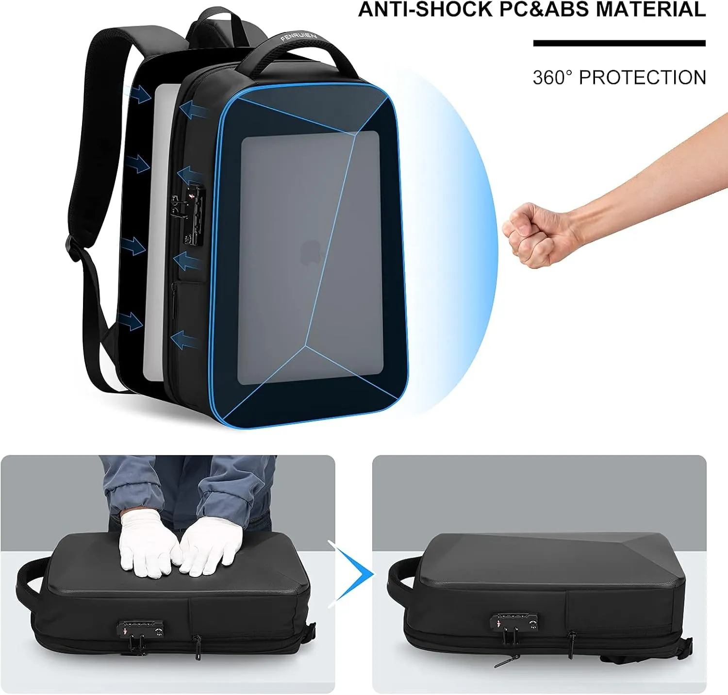 FENRUIEN Anti-Theft Hard Shell Backpack 15.6-Inch,Expandable Slim Business Travel Laptop Backpack for Men,Water Resistant Black Laptop Bag with USB Port