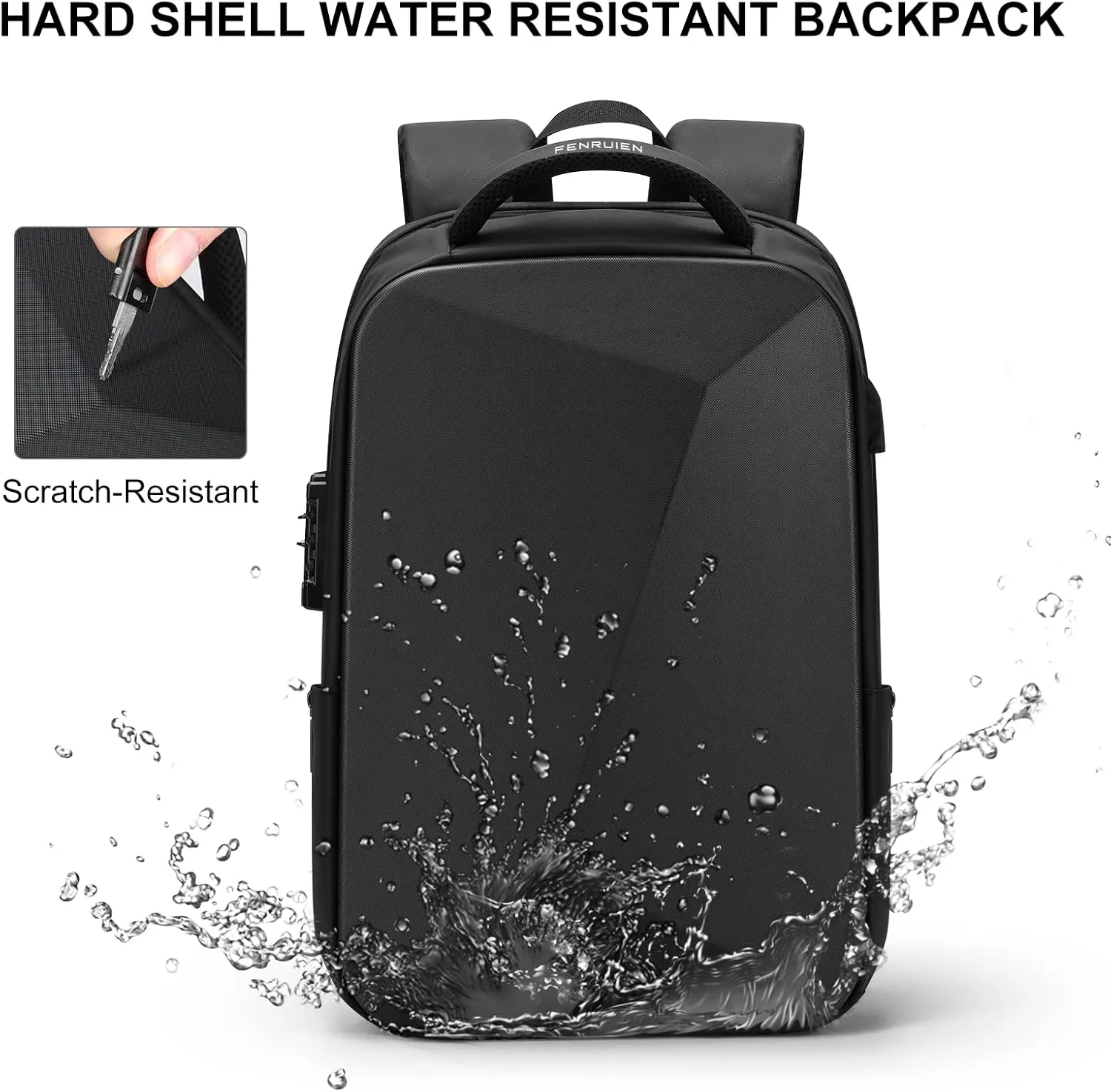 FENRUIEN Anti-Theft Hard Shell Backpack 15.6-Inch,Expandable Slim Business Travel Laptop Backpack for Men,Water Resistant Black Laptop Bag with USB Port