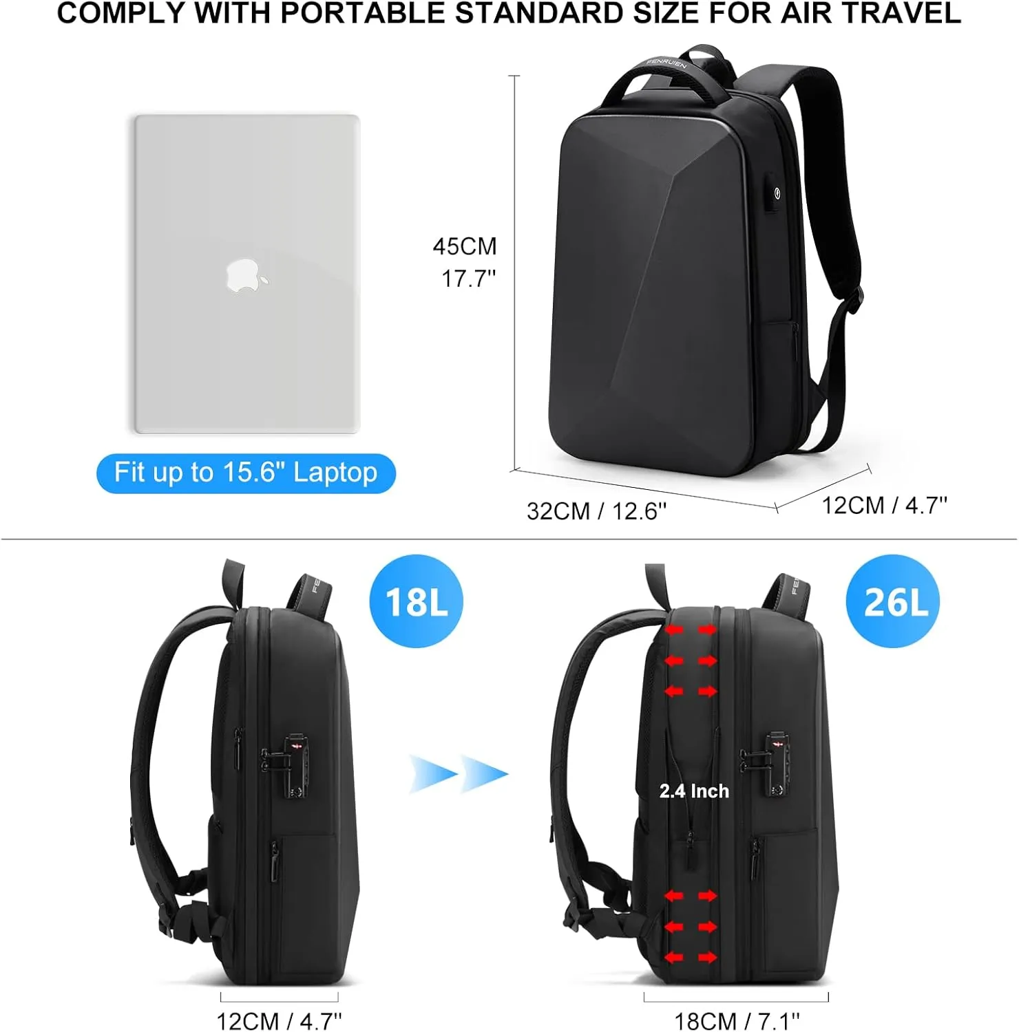 FENRUIEN Anti-Theft Hard Shell Backpack 15.6-Inch,Expandable Slim Business Travel Laptop Backpack for Men,Water Resistant Black Laptop Bag with USB Port