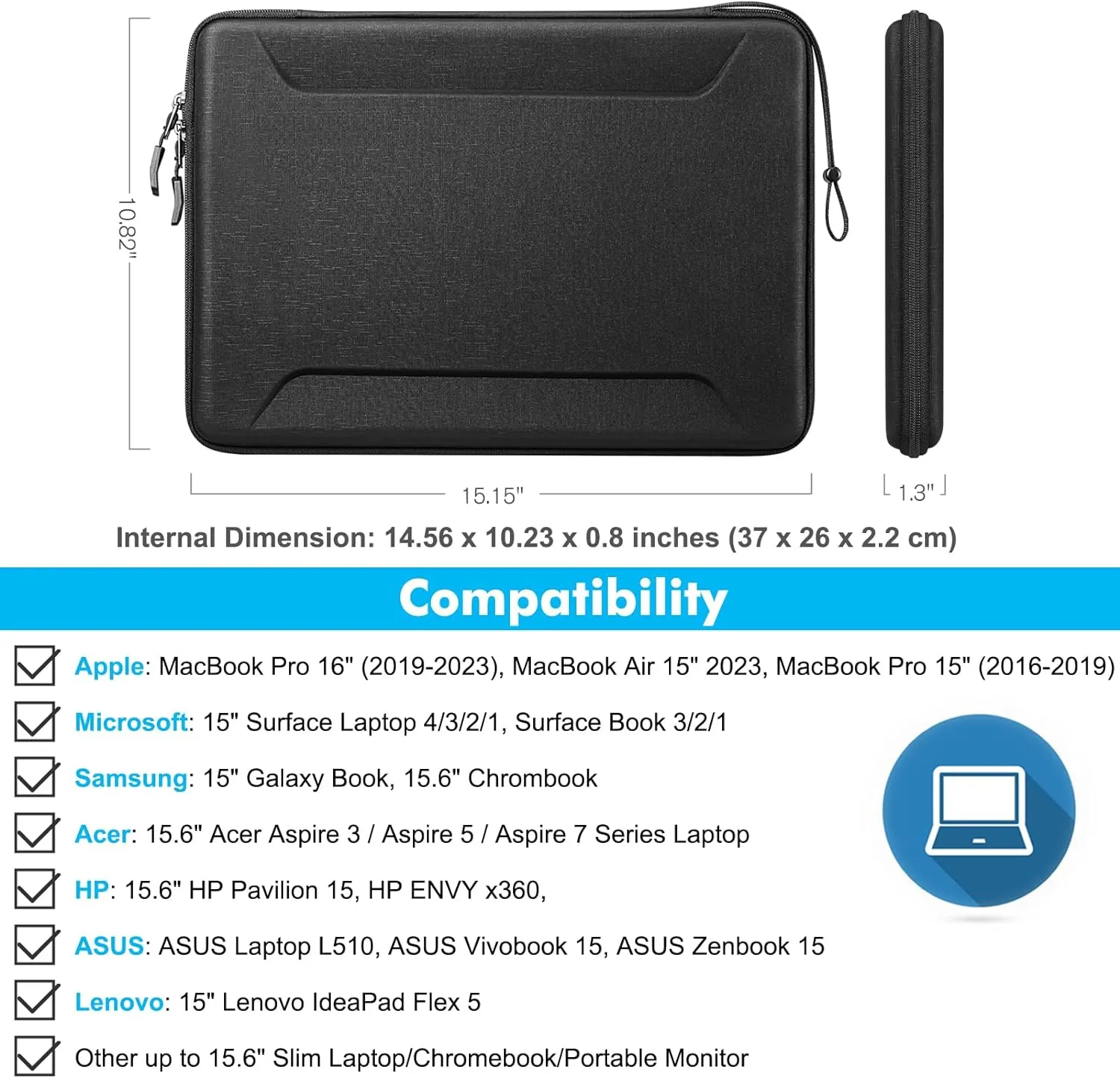 Fintie Sleeve Case for MacBook Pro 16, MacBook Air/Pro 15, 15" Surface Laptop - Shockproof EVA Carrying Bag for Up to 15.6" HP Lenovo Dell Acer Samsung Slim Laptop, Black