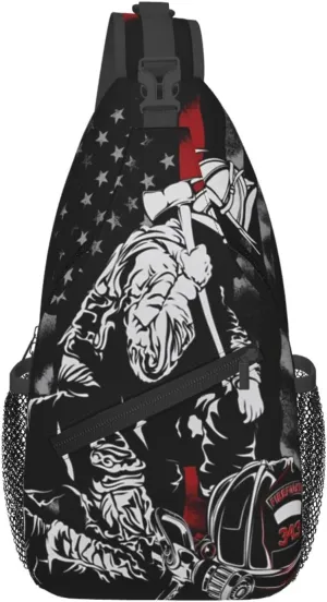 Firefighter American Flag Memorial Never Forget Flag Crossbody Sling Bag Chest Bags Casual Shoulder Backpack Sport Fanny Pack Gym Diagonally Daypack with Adjustable Strap for Running
