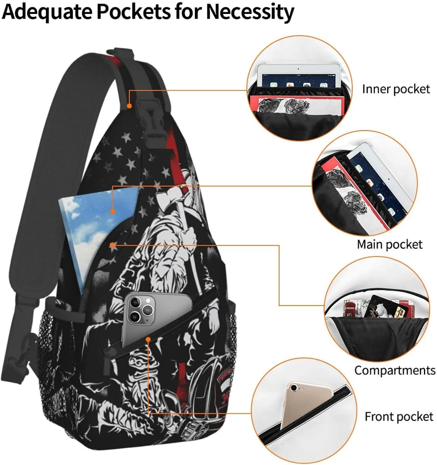 Firefighter American Flag Memorial Never Forget Flag Crossbody Sling Bag Chest Bags Casual Shoulder Backpack Sport Fanny Pack Gym Diagonally Daypack with Adjustable Strap for Running