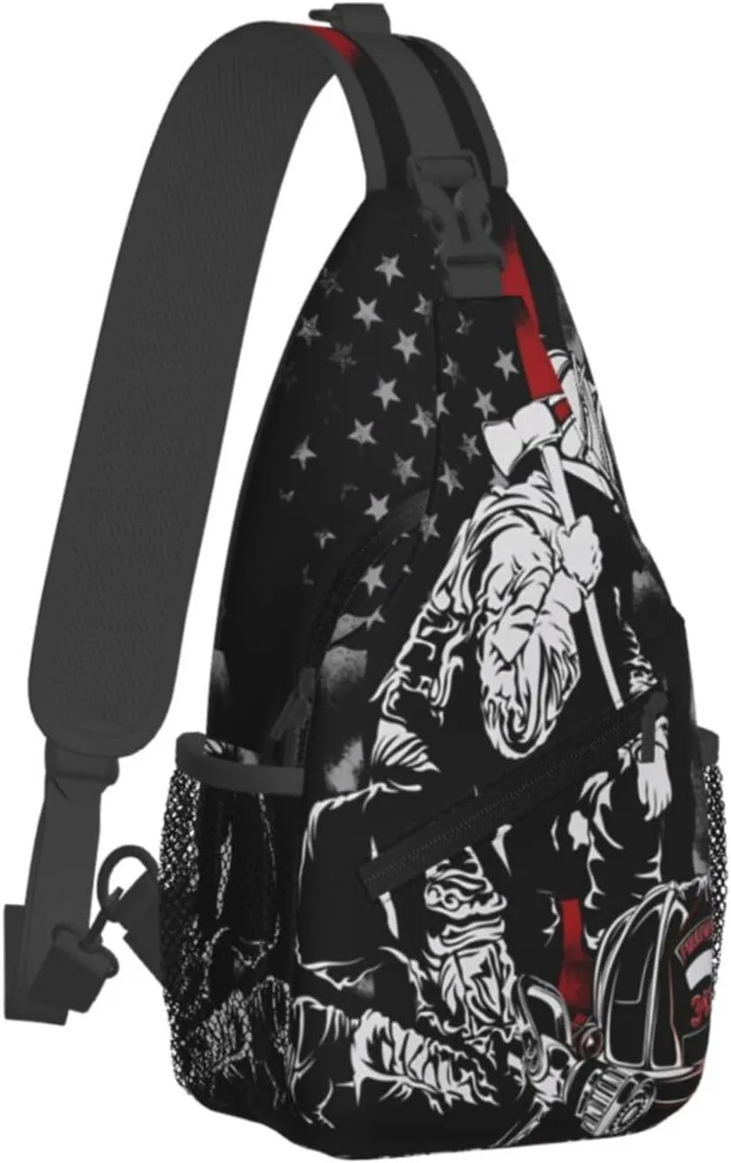 Firefighter American Flag Memorial Never Forget Flag Crossbody Sling Bag Chest Bags Casual Shoulder Backpack Sport Fanny Pack Gym Diagonally Daypack with Adjustable Strap for Running