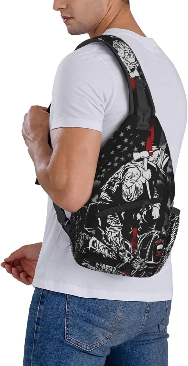 Firefighter American Flag Memorial Never Forget Flag Crossbody Sling Bag Chest Bags Casual Shoulder Backpack Sport Fanny Pack Gym Diagonally Daypack with Adjustable Strap for Running