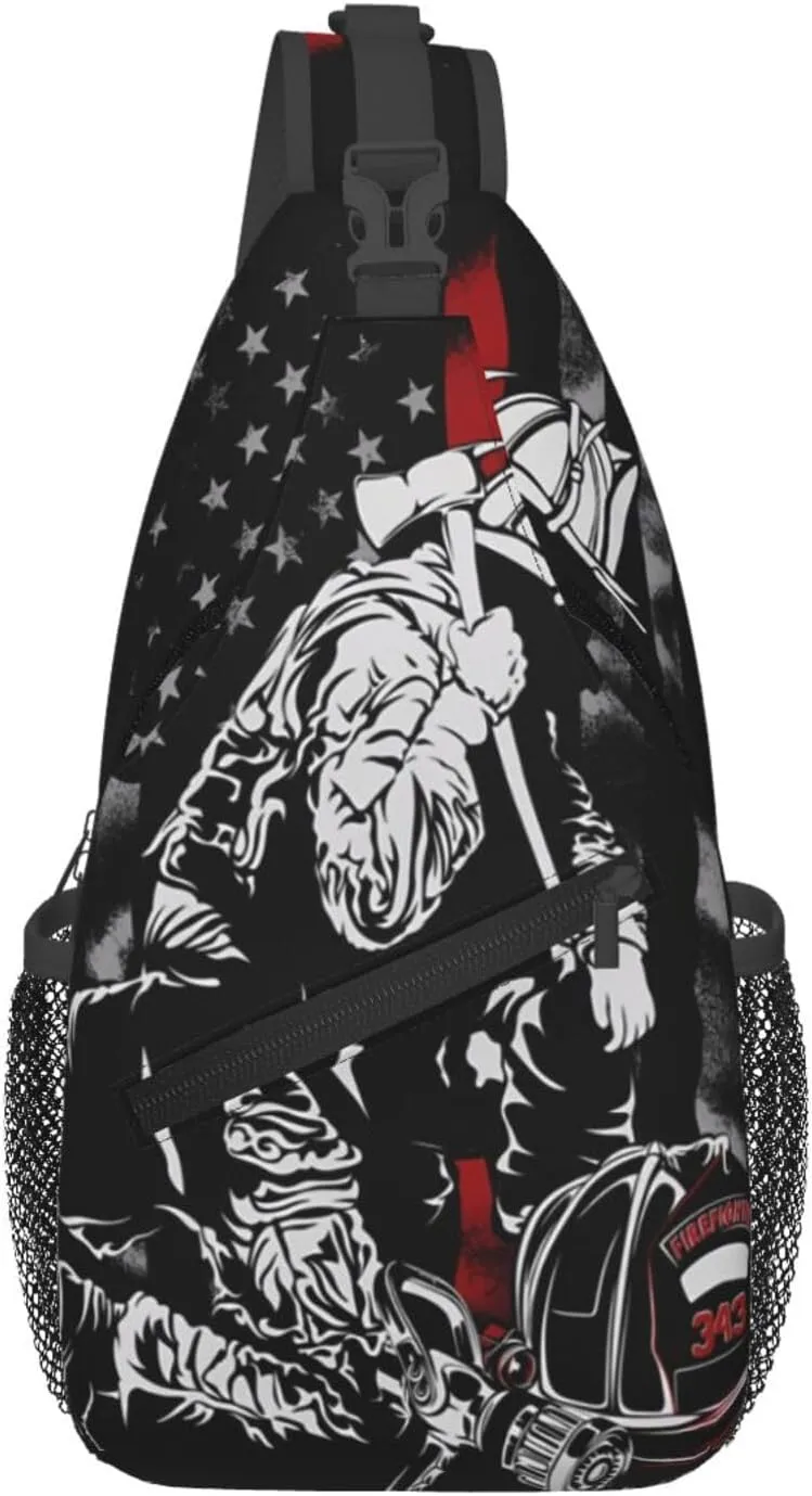 Firefighter American Flag Memorial Never Forget Flag Crossbody Sling Bag Chest Bags Casual Shoulder Backpack Sport Fanny Pack Gym Diagonally Daypack with Adjustable Strap for Running