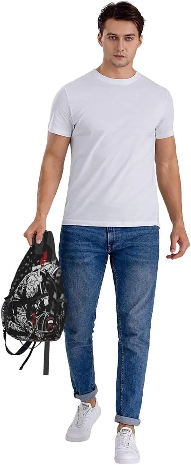 Firefighter American Flag Memorial Never Forget Flag Crossbody Sling Bag Chest Bags Casual Shoulder Backpack Sport Fanny Pack Gym Diagonally Daypack with Adjustable Strap for Running