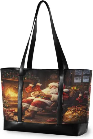 Fireplace Christmas Man Laptop Tote Bag for Women Work Travel Bag Canvas Teacher Tote Bags Handbags Purse with Zipper