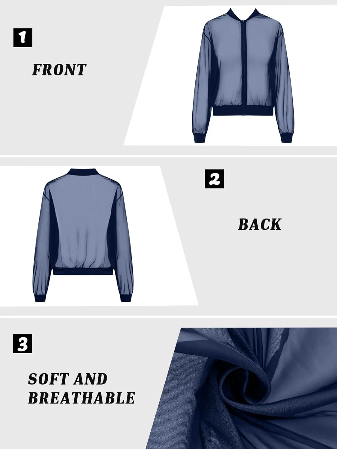 Fisoew Women's Crop Mesh Sheer Bomber Jackets Lightweight Long Sleeve Zip Up Jacket Outwear