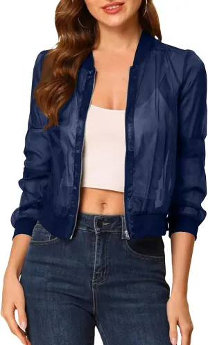 Fisoew Women's Crop Mesh Sheer Bomber Jackets Lightweight Long Sleeve Zip Up Jacket Outwear