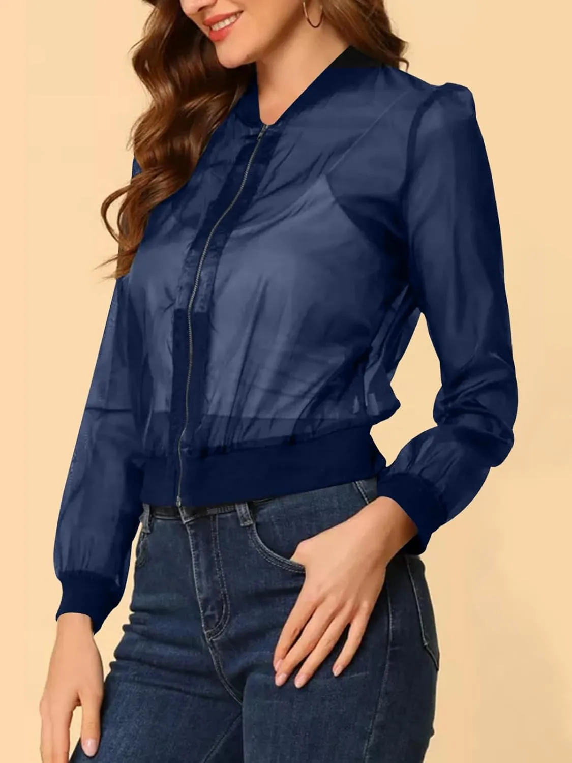 Fisoew Women's Crop Mesh Sheer Bomber Jackets Lightweight Long Sleeve Zip Up Jacket Outwear