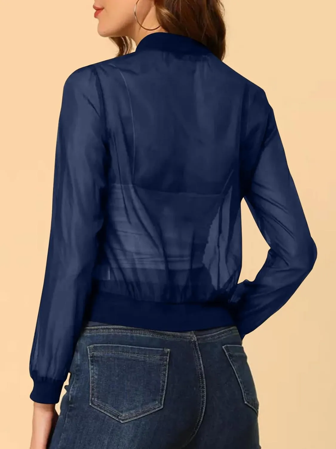 Fisoew Women's Crop Mesh Sheer Bomber Jackets Lightweight Long Sleeve Zip Up Jacket Outwear