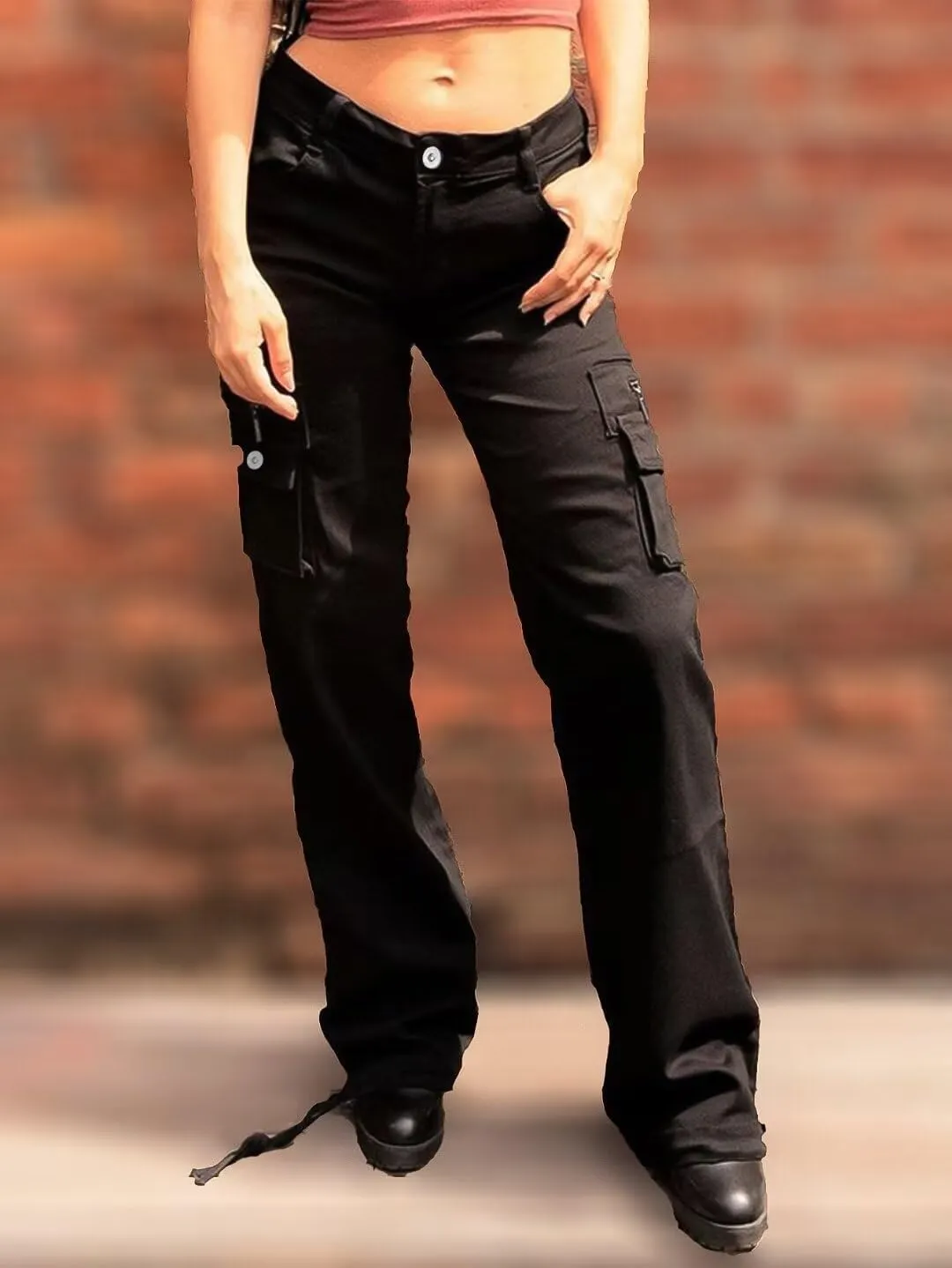 Flamingals Cargo Jeans for Women Drawstring Flap Pocket Low Waist