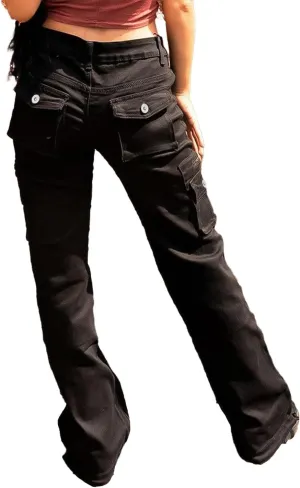 Flamingals Cargo Jeans for Women Drawstring Flap Pocket Low Waist