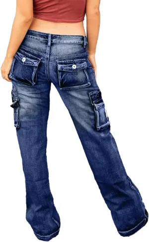 Flamingals Cargo Jeans for Women Drawstring Flap Pocket Low Waist