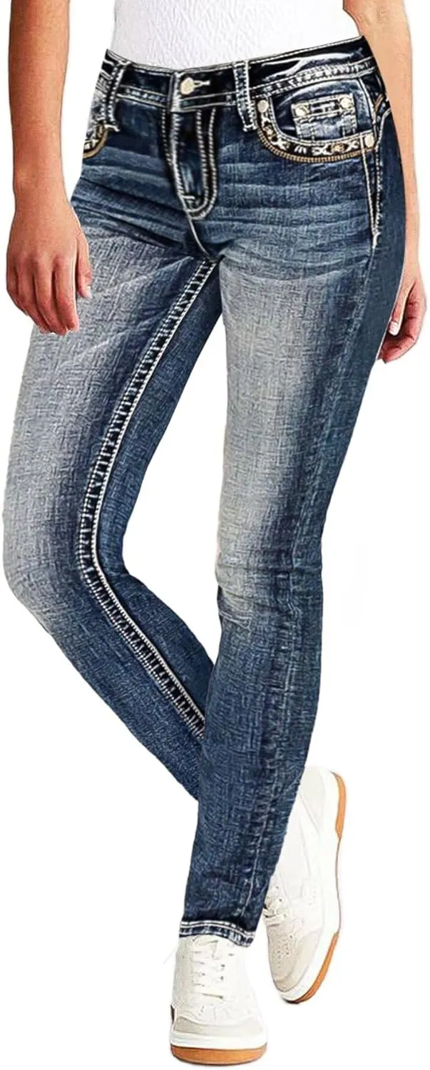 Flamingals Women's Embroidery Pocket Detail Skinny Jeans Low Waist Casual Pants