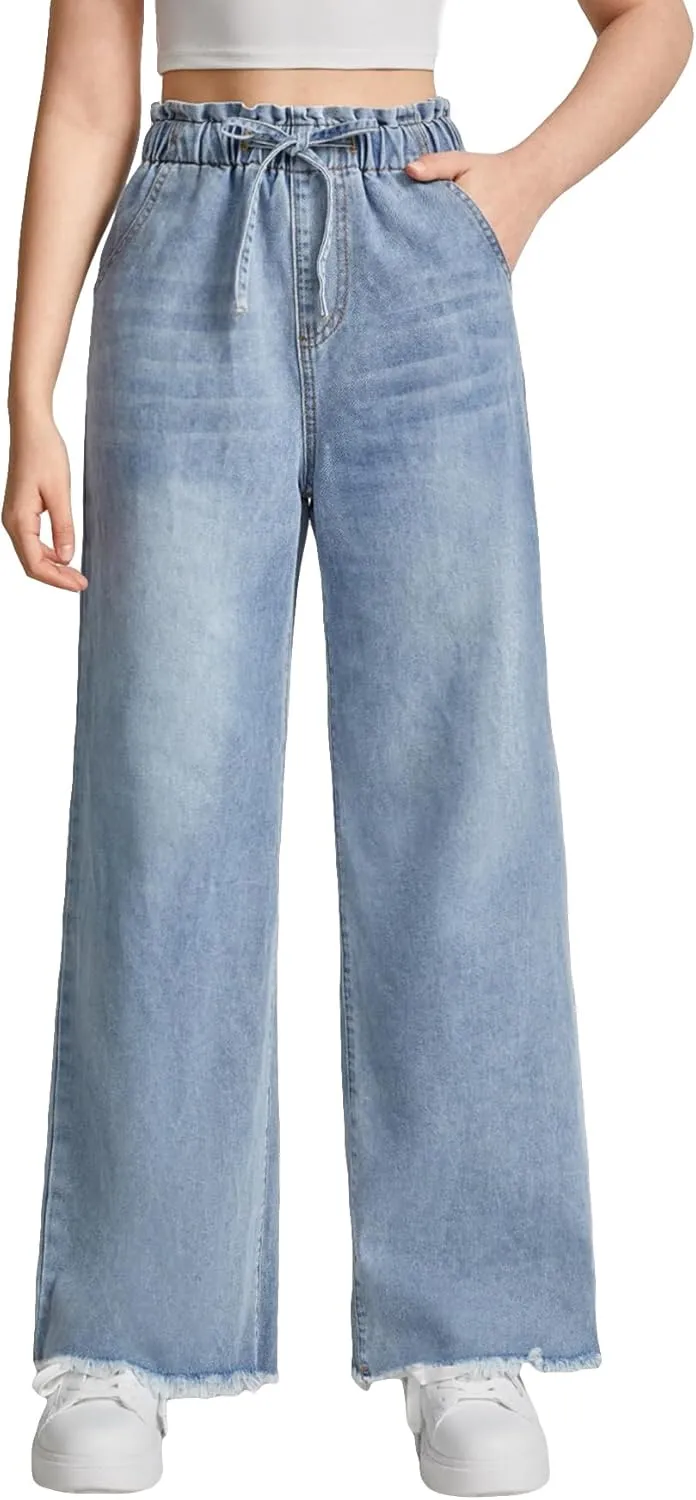 Floerns Girl's Denim Raw Hem Paperbag Waist Light Wash Slant Pocket Wide Leg Pants