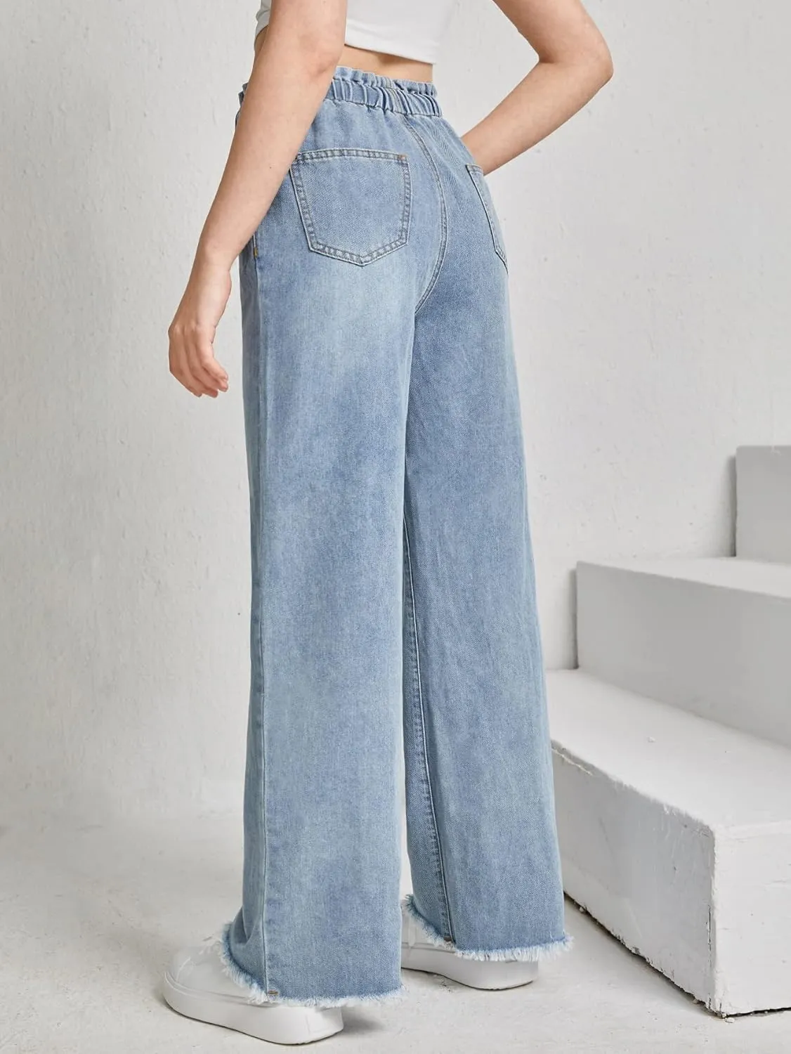 Floerns Girl's Denim Raw Hem Paperbag Waist Light Wash Slant Pocket Wide Leg Pants