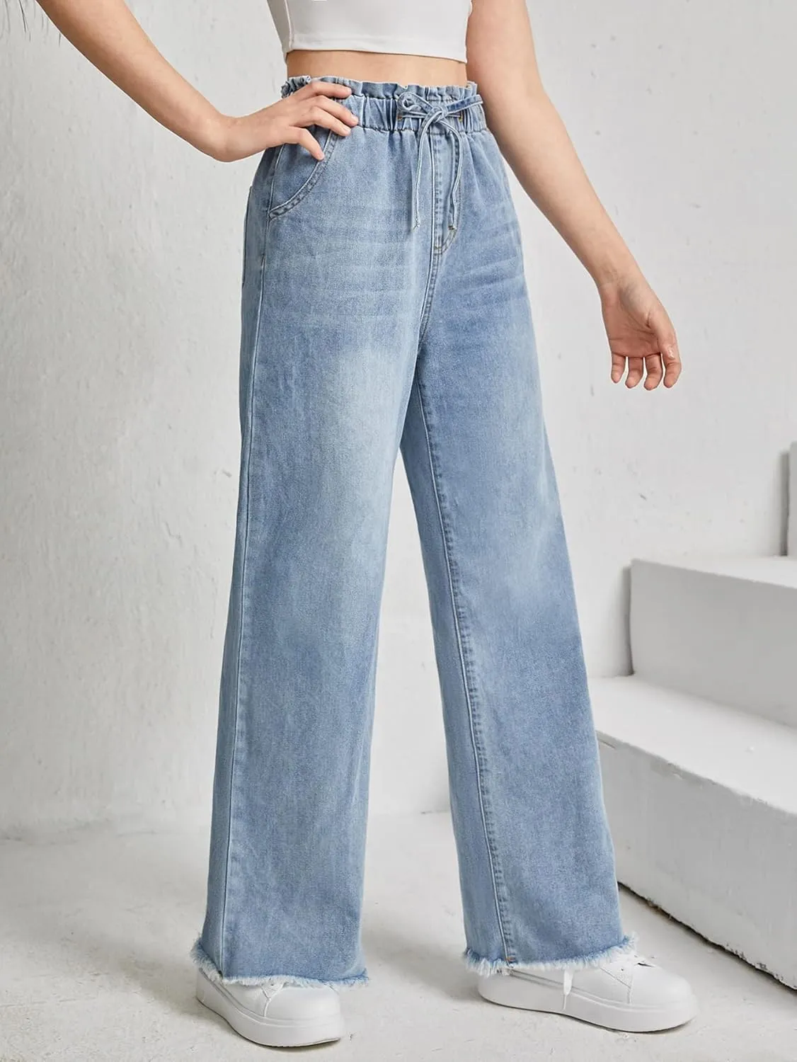 Floerns Girl's Denim Raw Hem Paperbag Waist Light Wash Slant Pocket Wide Leg Pants