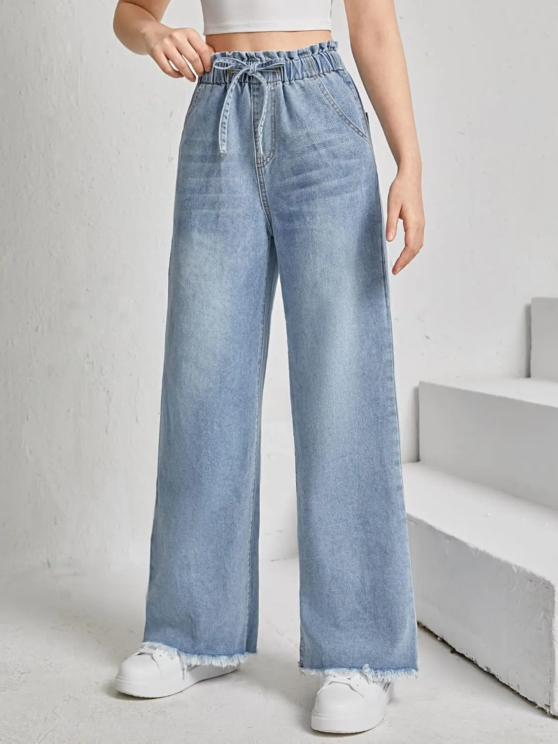 Floerns Girl's Denim Raw Hem Paperbag Waist Light Wash Slant Pocket Wide Leg Pants