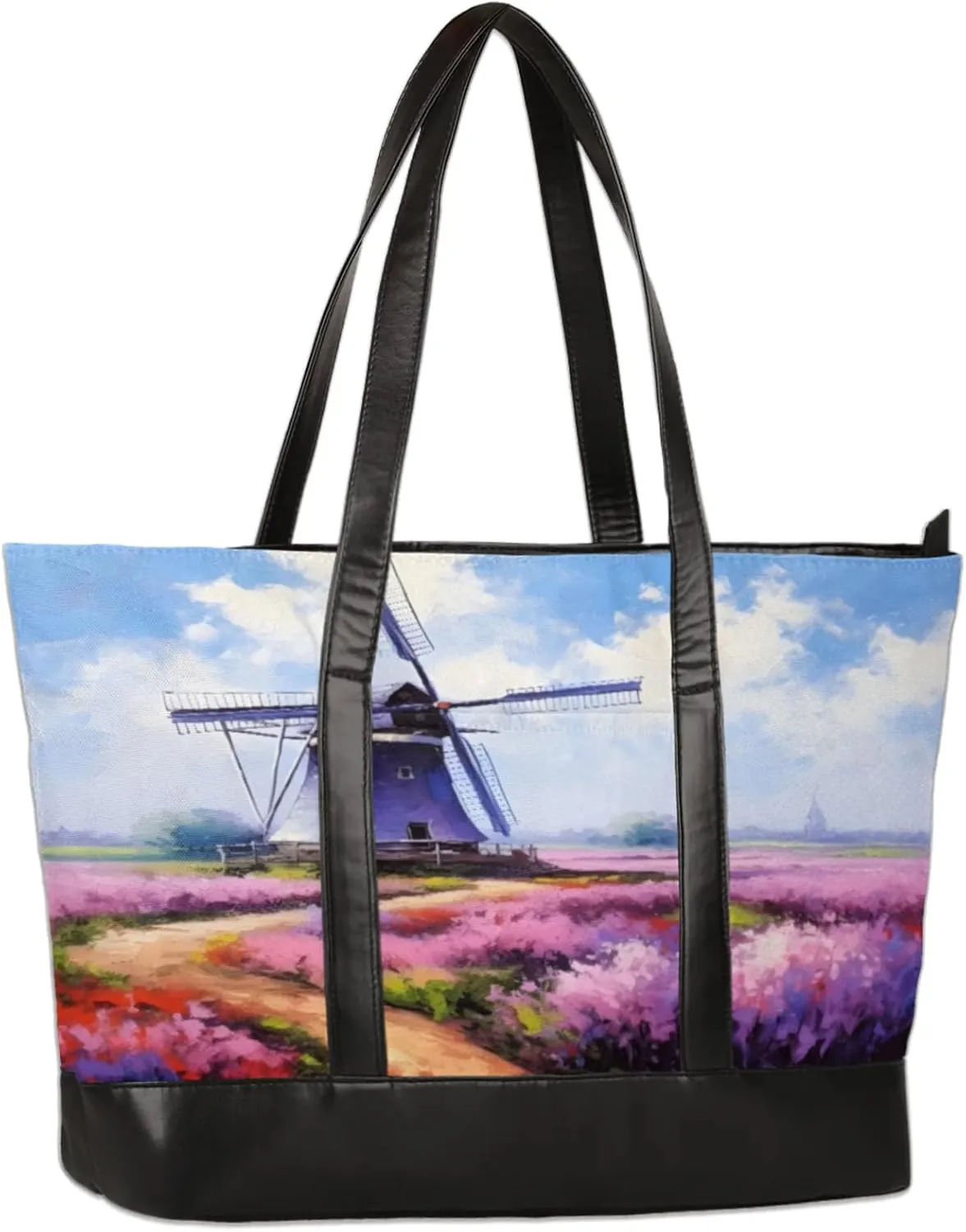 Flower Field Windmill Laptop Tote Bag for Women Lightweight Work Purse with Multiple Compartments Fits 13-15.6 Inch Laptop Tablet Shoulder Bag for Office Travel Daily Use