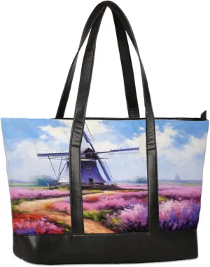 Flower Field Windmill Laptop Tote Bag for Women Lightweight Work Purse with Multiple Compartments Fits 13-15.6 Inch Laptop Tablet Shoulder Bag for Office Travel Daily Use