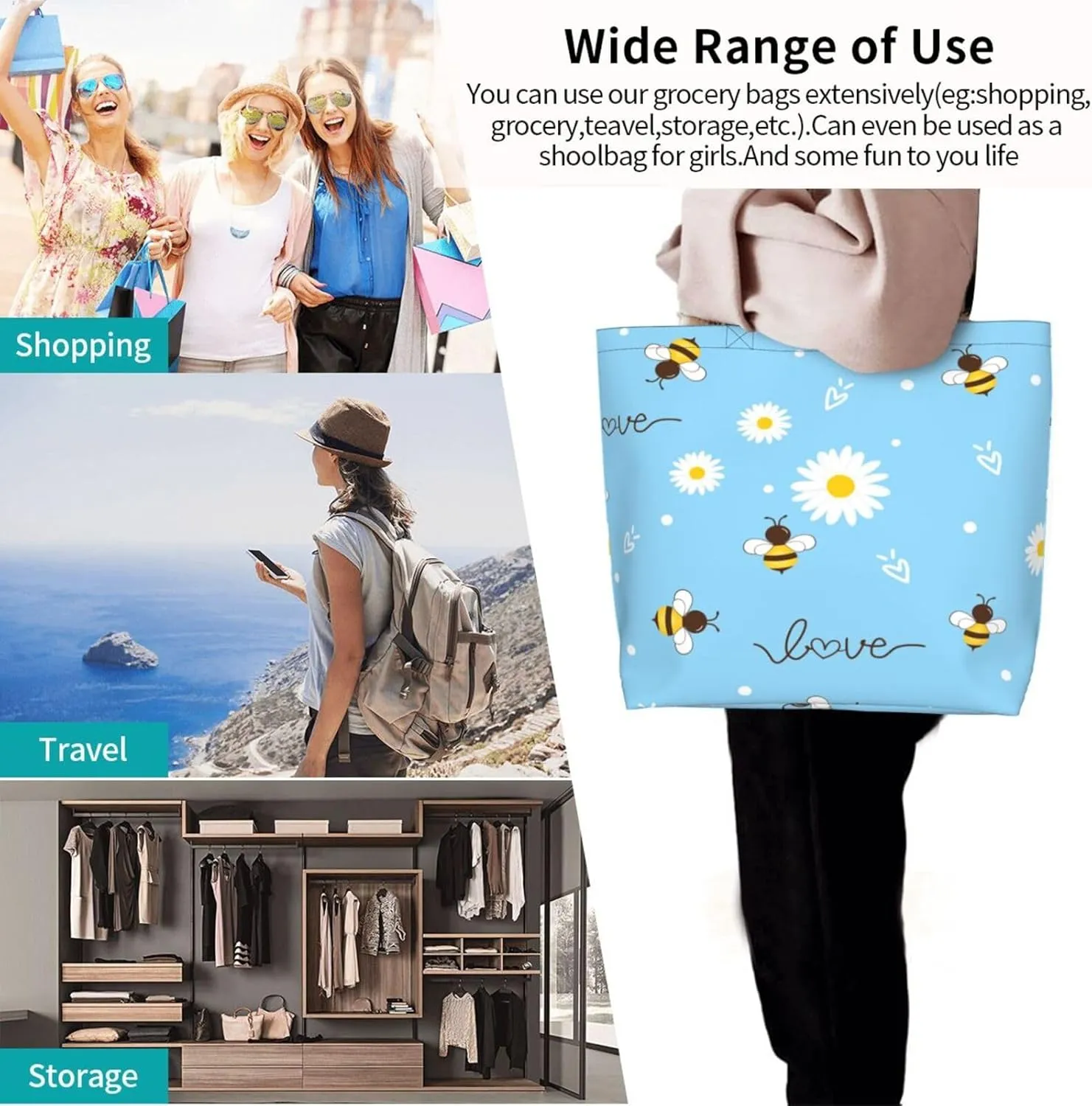 Flying bees and daisy flowers Tote Bag Shopping Bag Portable Handbags Tote Shoulder Bucket Bags for Women