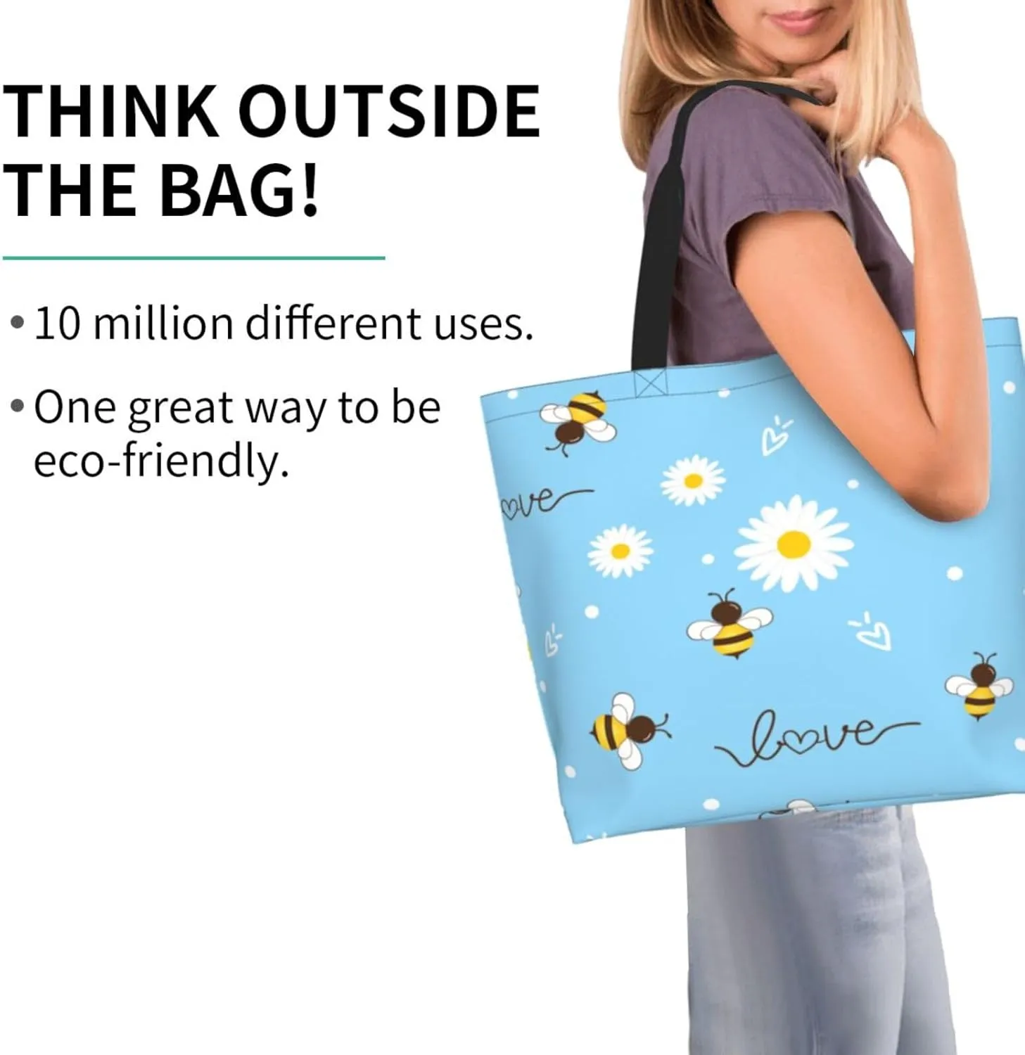 Flying bees and daisy flowers Tote Bag Shopping Bag Portable Handbags Tote Shoulder Bucket Bags for Women