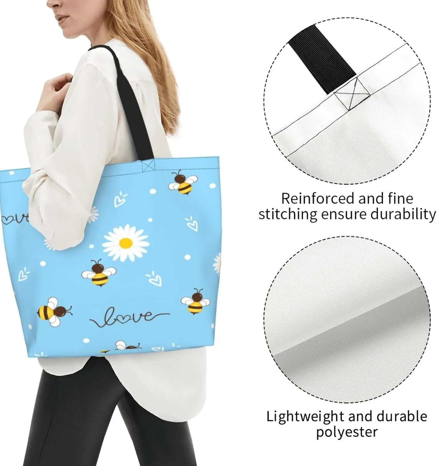 Flying bees and daisy flowers Tote Bag Shopping Bag Portable Handbags Tote Shoulder Bucket Bags for Women
