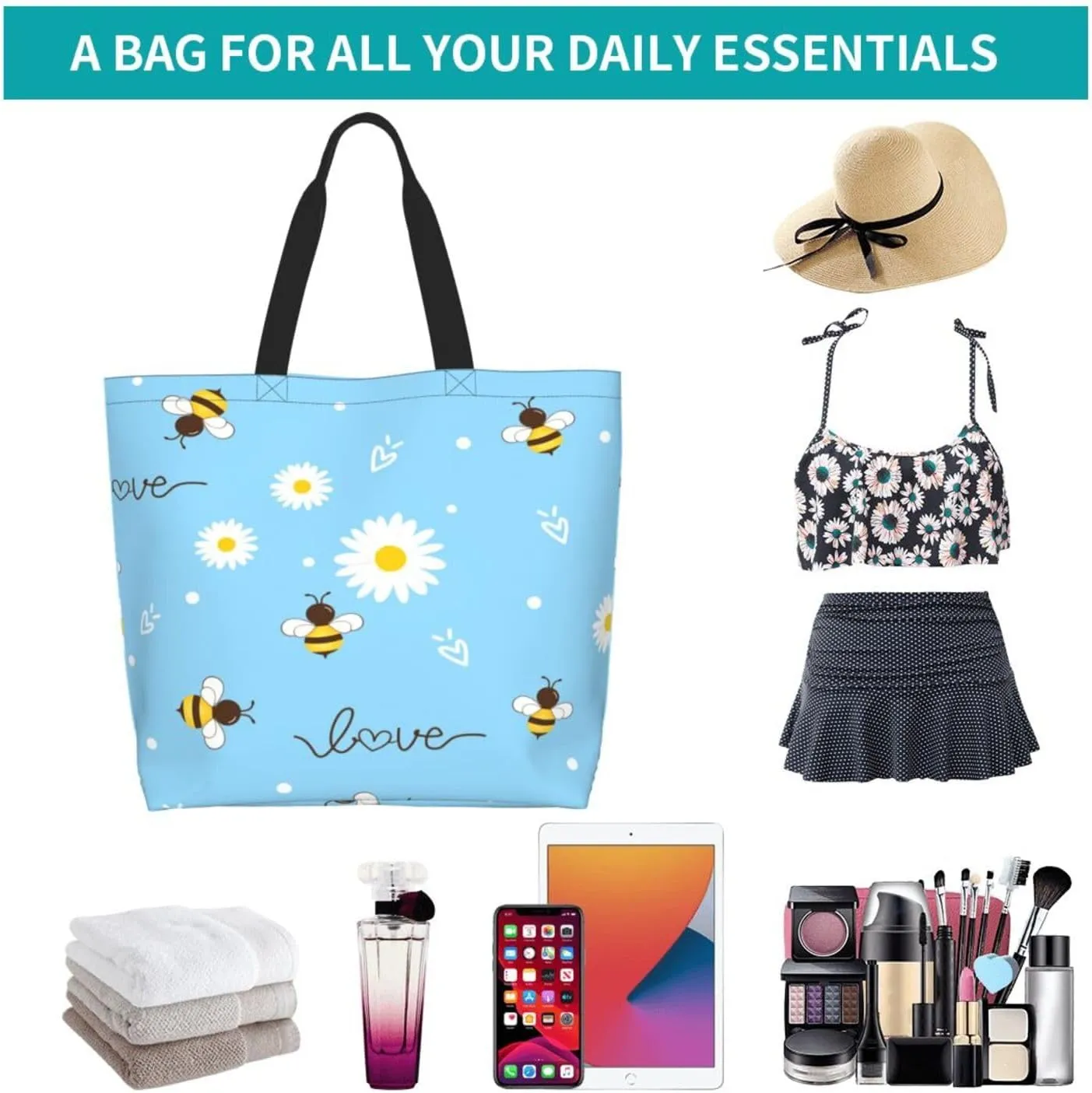 Flying bees and daisy flowers Tote Bag Shopping Bag Portable Handbags Tote Shoulder Bucket Bags for Women
